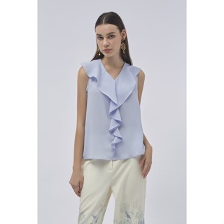 ESPADA เสื้อเบลาส์คอวีแต่งระบาย ผู้หญิง สีฟ้า | V-Neck Ruffle Blouse | 1022