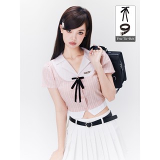 Ueemii/Preppy Style Bow Pink Fitted Waist Flattering Shirt Pleated Skirt Pants Assembly Belt  กระโปรงพลีทขาว แถมกระโปรง