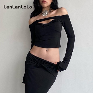 Lanlanlolo เสื้อยืดลําลอง แขนยาว เปิดไหล่ เปิดหลัง สีพื้น สําหรับสตรี 2023