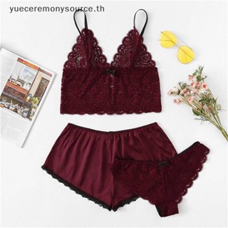 【ขายดีที่สุด】ผู้หญิง ลูกไม้ Sa ชุดนอน 3 ชิ้น สูทเซ็กซี่ คอวี แขนกุด Cami ชุดนอน ~