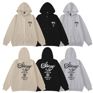 เสื้อกันหนาวลําลอง มีฮู้ด พิมพ์ลาย STUSSY ทรงหลวม มีซิป สไตล์คลาสสิก