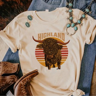 เสื้อยืด พิมพ์ลายวัว Highland สไตล์ญี่ปุ่น สําหรับผู้หญิง