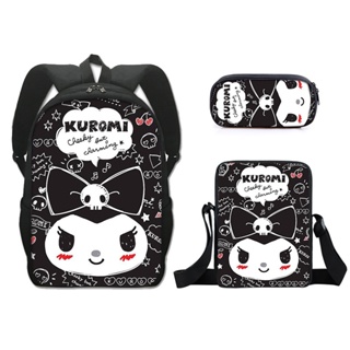 Kawaii Sanrio Kuromi กระเป๋าเป้สะพายหลัง กระเป๋านักเรียน ใส่คอมพิวเตอร์ได้ ลายการ์ตูน 3 ชิ้น ต่อชุด