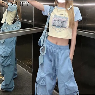 DaDuHey🎈 American Style Retro Summer New Overalls Crop Top Womens Hiphop High Waist Loose Casual Straight Wide Leg Cago Pants