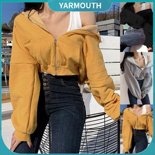 Yyr-- เสื้อครอปท็อปแขนยาว มีฮู้ด แต่งซิป สีพื้น สําหรับผู้หญิง