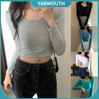 Yyr-- เสื้อยืดลําลอง แขนยาว คอตัก สีพื้น ทรงสลิม สําหรับผู้หญิง