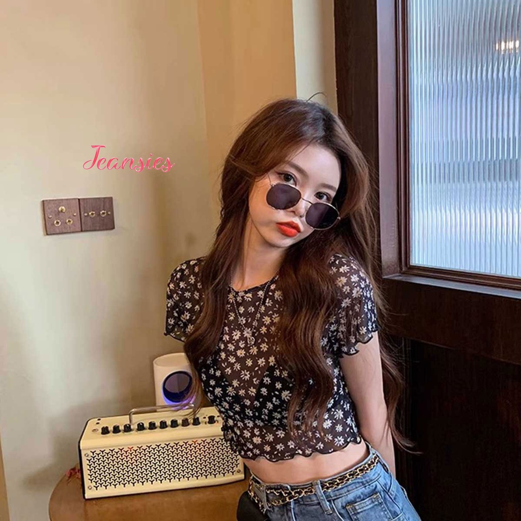เสื้อครอปสั้นบางสีดำทึบลายดอกไม้สุดน่ารักสไตล์เกาหลี เสื้อครอปสั้นซีทรูสำหรับผู้หญิง