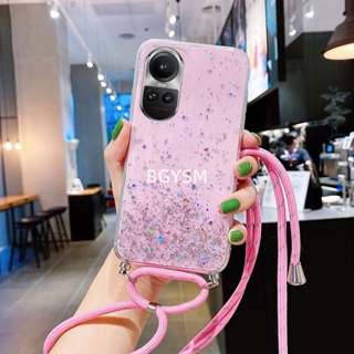 พร้อมส่ง เคสโทรศัพท์มือถือ ซิลิโคนนิ่ม ใส กันกระแทก แต่งกลิตเตอร์ดาว พร้อมสายคล้องคอ สําหรับ OPPO Reno10 Pro Reno 10 Reno10 Pro+ 5G