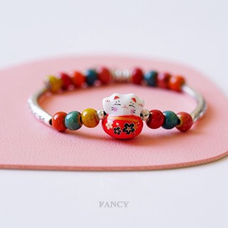 Fancy สร้อยข้อมือลูกปัดเซรามิค รูปแมว สีแดง