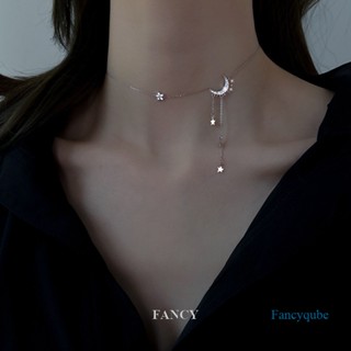 Fancy สร้อยคอโชคเกอร์ เงินแท้ 925 จี้รูปดาว ดวงจันทร์ ประดับพู่ เรียบง่าย หรูหรา เครื่องประดับ สําหรับผู้หญิง งานแต่งงาน