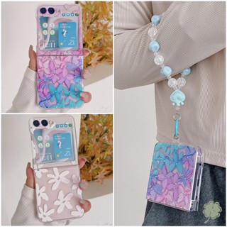 เคสโทรศัพท์มือถือแบบแข็ง ใส กันกระแทก ลายดอกไม้สีน้ํา พร้อมสายคล้องข้อมือ ลูกปัด สําหรับ Samsung Galaxy Z Flip 4 Z Flip 5 Z Flip 3