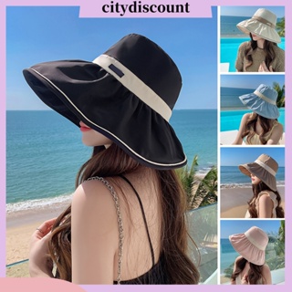 &lt;citydiscount&gt; หมวกปีกกว้าง ทรงกลม แต่งระบาย ผ่าหลัง ทรงบักเก็ต สีตัดกัน สไตล์ชาวประมง แฟชั่นสําหรับผู้หญิง