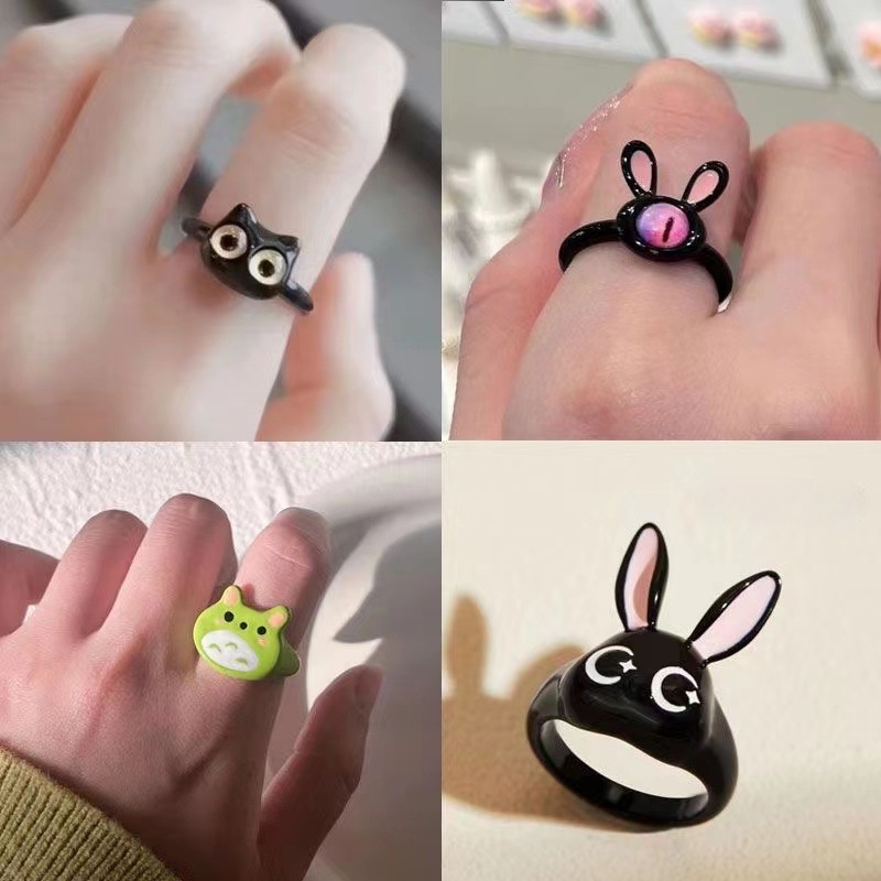 แหวนเปิด อเนกประสงค์ ขนาดเล็ก ลายน่ารัก สีดํา สําหรับนักเรียน
