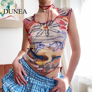 Dunea เสื้อครอปท็อป แขนพอง พิมพ์ลาย เข้ารูป สีมัดย้อม สําหรับผู้หญิง