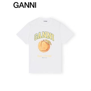 Ganni เสื้อยืดคอกลม แขนสั้น พิมพ์ลายพีช ทรงหลวม สีขาว แฟชั่นฤดูร้อน สําหรับผู้หญิง