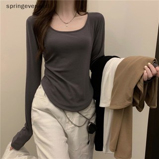 [springevenwell] เสื้อยืดลําลอง แขนยาว คอสี่เหลี่ยม เข้ารูป สีพื้น แฟชั่นฤดูร้อน สําหรับผู้หญิง