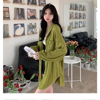 MIMI&DIDI#เสื้อเชิ้ตแขนยาวผู้หญิง oversize เสื้อฮู้ด คอวี ทรงหลวม แฟชั่น สีพื้น สำหรับสาวอวบคิ้วท์ๆสไตล์เกา W253