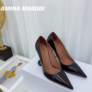 Aaa Amina Muadi 9.5 ซม. รองเท้าหนังวัว หัวแหลม สีดํา แฟชั่นยอดนิยม สําหรับผู้หญิง