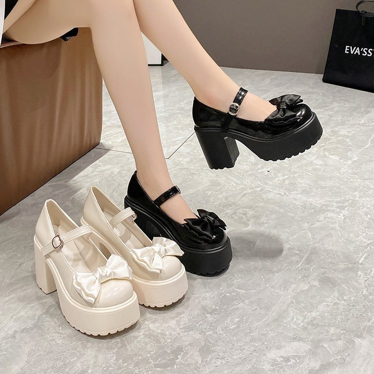 🎀ส่งจากไทย🎀รองเท้าส้นสูงแฟชั่นสตรี ส้นหนา ตกแต่งโบว์ รองเท้าหนังแมรี่เจนสไตล์เกาหลี ส้นรองเท้าสูง 9cm