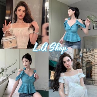 L.A Shop ​พร้อมส่ง เสื้อสายเดี่ยว ถักไหมพรม เปิดไหล่ ถักดอกไม้ตกแต่ง "R026"