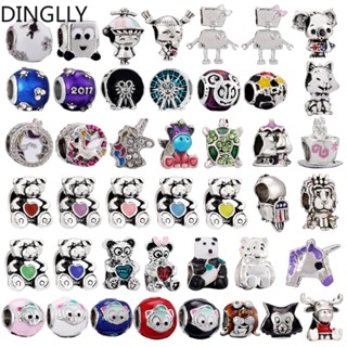 Dinglly ลูกปัด รูปการ์ตูนหมีแพนด้า แมว ยูนิคอร์น สีเงิน สําหรับทําเครื่องประดับ Diy