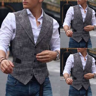 ผู้ชายคุณภาพสูงลำลองธุรกิจ Waistcoat เสื้อกั๊กแขนกุดคอวีวินเทจกระดุมแถวเดียว