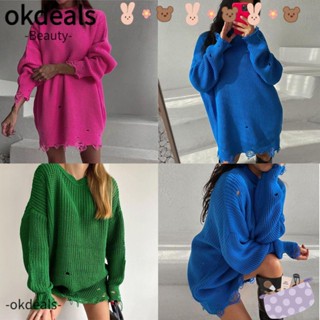 OKDEALS เสื้อกันหนาว คอกลม แขนยาว ลําลอง ขนาดใหญ่ แต่งรอยขาด สําหรับผู้หญิง