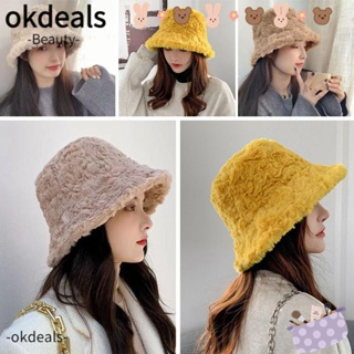 Okdeals หมวกบักเก็ตลําลอง ประดับขนเฟอร์เทียม แบบนิ่ม แฟชั่นฤดูหนาว