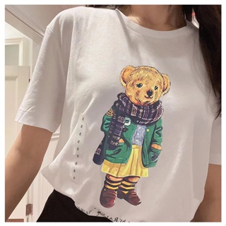 พร้อมส่ง เสื้อยืดลําลอง ผ้าฝ้าย แขนสั้น คอกลม พิมพ์ลายหมี แฟชั่นฤดูร้อน สําหรับสตรี