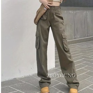 2TOYOUNG  กางเกงขายาว คาร์โก้ กางเกง เชือกอเมริกันคลาสิค Cargo pants 2023 NEW 072536 สไตล์เกาหลี Beautiful ins Chic A90M0AW 36Z230909