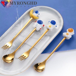 Myronghd ช้อนส้อมสเตนเลส ลายการ์ตูนนักบินอวกาศ สร้างสรรค์ สําหรับตักชา ไอศกรีม อาหารเย็น