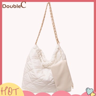 【Double C 】✿   กระเป๋าสะพายไหล่ กระเป๋าถือ ผ้าฝ้าย ลายสก๊อต แต่งสายโซ่ ขนาดเล็ก สําหรับสตรี