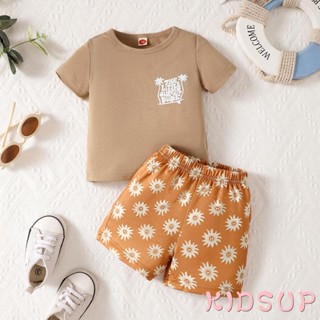 Kidsup1- ชุดเสื้อยืด แขนสั้น พิมพ์ลายตัวอักษร และกางเกงขาสั้น ผ้ายืด พิมพ์ลายดวงอาทิตย์ แฟชั่นฤดูร้อน สําหรับเด็กผู้ชาย 2 ชิ้น