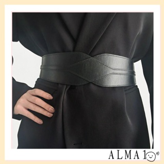 Alma สายรัดเอว กว้าง สีพื้น ยืดหยุ่น เข็มขัดแฟชั่น หนัง PU ตกแต่งลําลอง เข็มขัดผู้หญิง