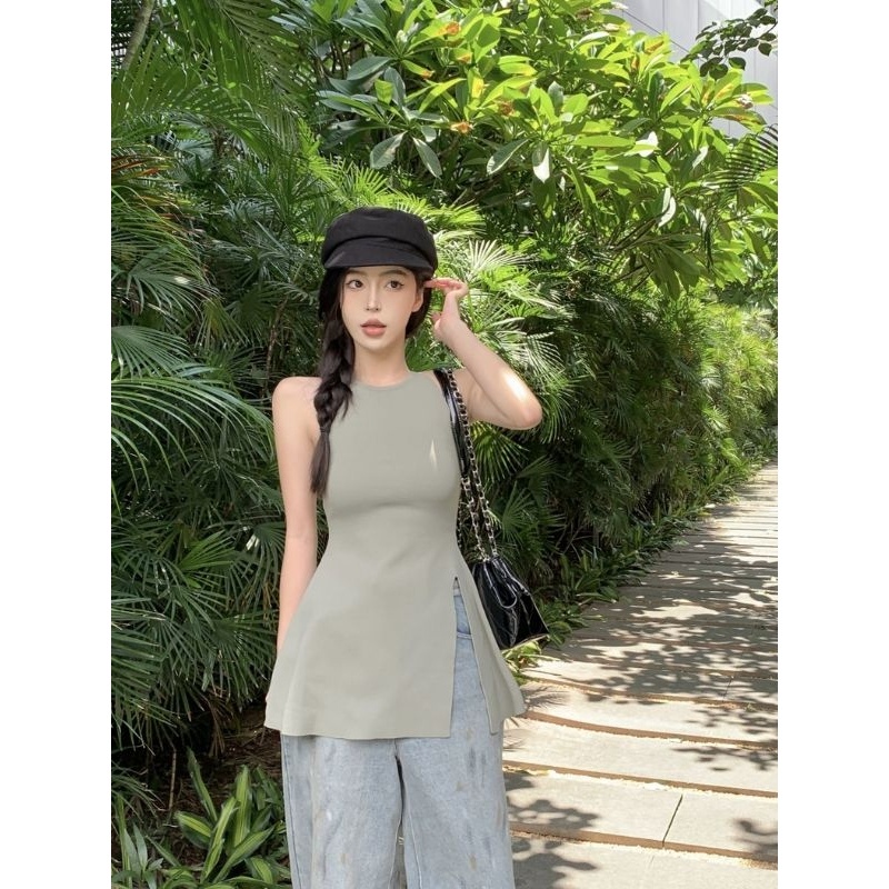 Elves✨พร้อมส่ง✨  เสื้อสายเดี่ยวไหมพรม สไตล์เกาหลีแหวกข้าง ~31038~ -C - รูปที่ 6