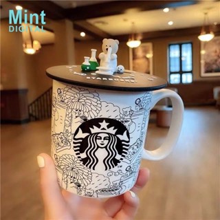 Starbucks แก้วกาแฟเซรามิค ลายการ์ตูนหมีกราฟฟิติ สีดํา สีขาว 473 มล.