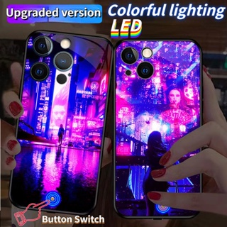 Mg เคสโทรศัพท์มือถือแบบแก้ว มีไฟกระพริบ LED พร้อมปุ่มสวิตช์ สําหรับ iPhone 14Promax 14Plus 13Promax 12ProMax 7plus 8plus XR XS X XSMAX 11ProMax 11pro