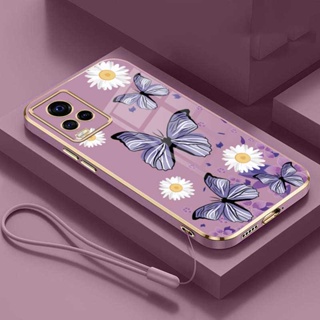 เคสโทรศัพท์มือถือยาง กันกระแทก ลายดอกไม้ ผีเสื้อ พร้อมสายคล้อง สําหรับ VIvo V21 5G V20 Pro SE V19 V17 V15 Pro V11i