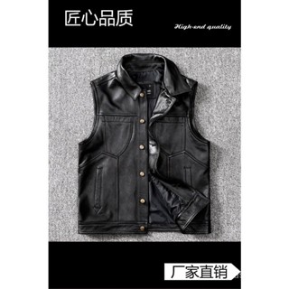 Denim motorcycle leather vest first layer leather leather leather coat mens slim leather vest riding clothes pure leather coat LKIH