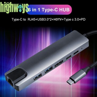 6 in 1 อะแดปเตอร์ฮับ USB C 2 USB 3.0 4K HDMI Type-C 100W PD RJ45 สําหรับ La [highways.th]