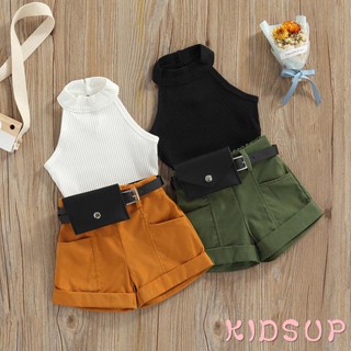 Kidsup1- ชุดเสื้อแขนกุด กางเกงขาสั้น กระเป๋าคาดเอว แฟชั่นฤดูร้อน สําหรับเด็กผู้หญิงวัยหัดเดิน 3 ชิ้น