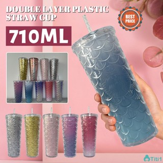 710ml/24oz Starbucks Cup Tumbler Double Layer Plastic Starbucks Fish Scale Cup With Straw TH1