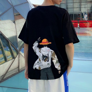 เสื้อยืดแขนสั้น ทรงหลวม พิมพ์ลายการ์ตูนอนิเมะ One Piece Luffy เหมาะกับฤดูร้อน สไตล์ญี่ปุ่น สําหรับผู้ชาย และผู้หญิง