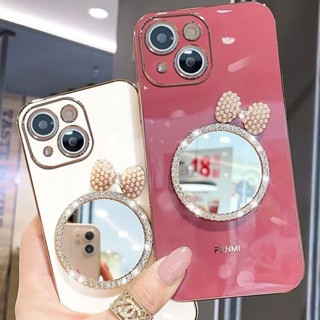 เคส iphone 15 15 Plus 15 Pro 15 Pro Max 13 13 Pro 13 Pro Max โบว์มุกน่ารัก + กระจกแต่งหน้า