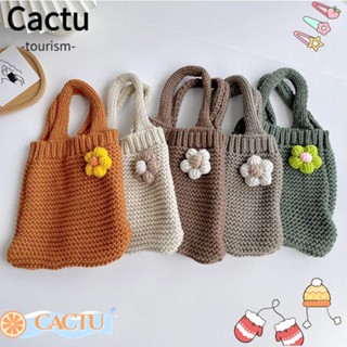 Cactu กระเป๋าถือ ผ้าขนสัตว์ถัก ลายดอกไม้ ความจุสูง ใช้ซ้ําได้ สําหรับผู้หญิง