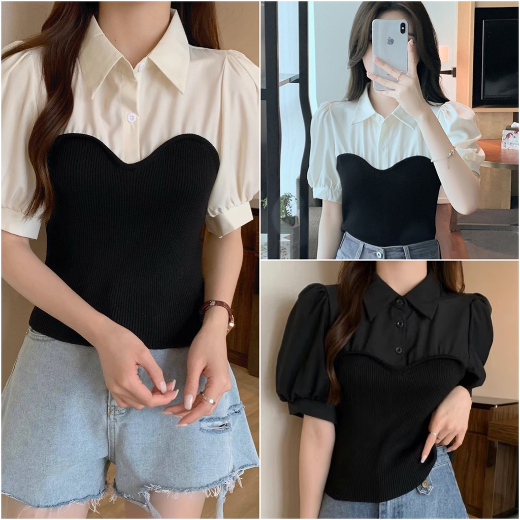 พร้อมส่ง เสื้อไหมพรม 2 ชิ้น งานไล่สีทูโทน แขนตุ๊กตา น่ารัก
