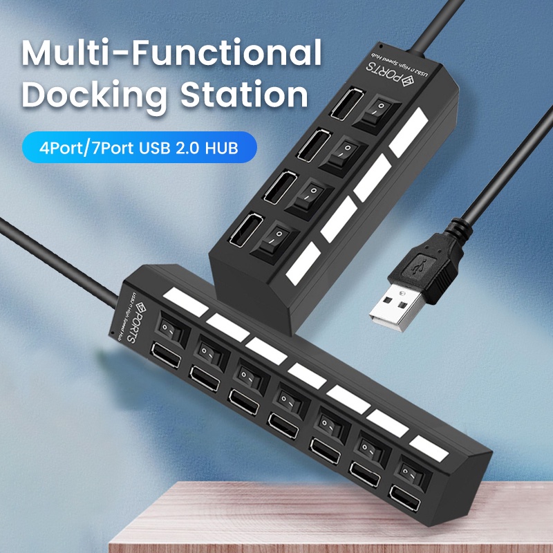 Elough อะแดปเตอร์ฮับ USB 2.0 4/7 พอร์ต ความเร็วสูง พร้อมสวิตช์