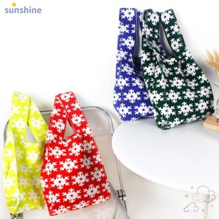 Ssunshine กระเป๋าถือ ผ้าถัก ทรงโท้ท ความจุสูง ลายเกล็ดหิมะ ผูกปม แฟชั่นสําหรับผู้หญิง