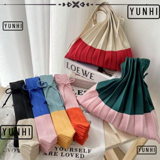 Yunhi กระเป๋าผ้าขนสัตว์ถัก ทรงโท้ท จับจีบ สีตัดกัน สุดชิค