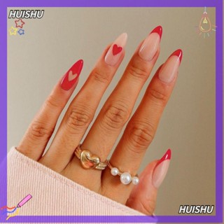 Hs เล็บปลอม อัลมอนด์ ความยาวปานกลาง สวมได้ เล็บปลอม ถอดออกได้ แบบเต็มหัวแหลม เล็บผู้หญิง